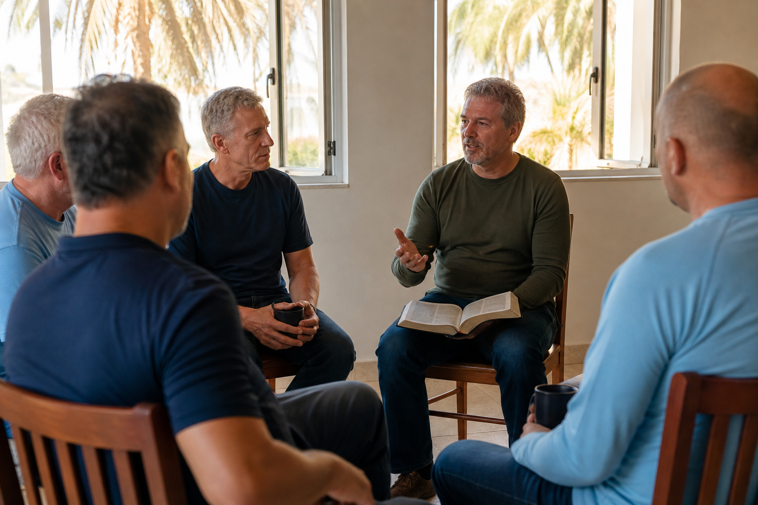 Understanding the 12-Step Approach: How Peer-Supported Recovery Works 1 Group of men sitting in a circle of wooden chairs in a bright room during a morning recovery meeting
