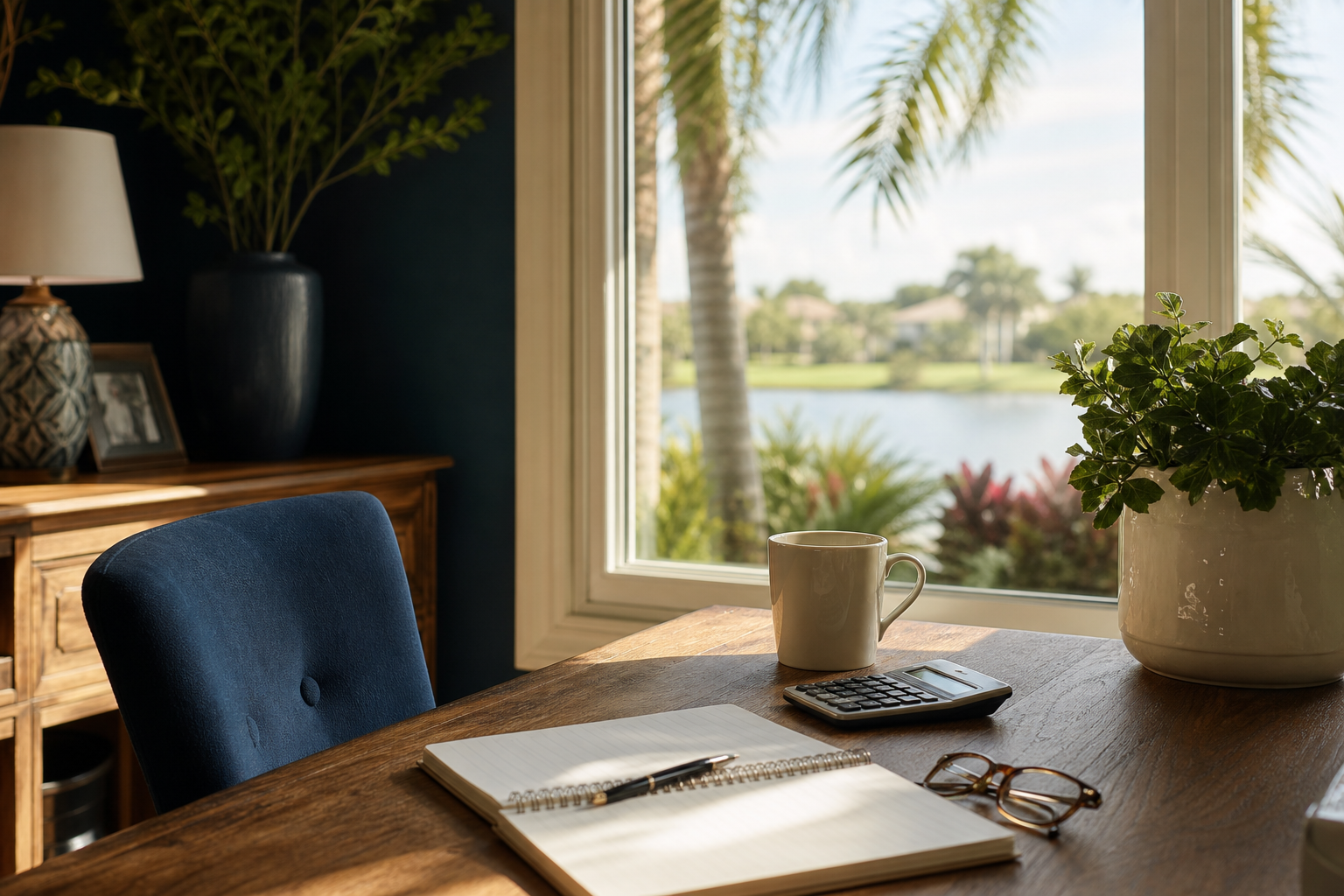 What Does a 30-Day Residential Recovery Program Cost? 1 Sunlit desk in a Naples Florida home with a notepad, pen, calculator and coffee cup by a window
