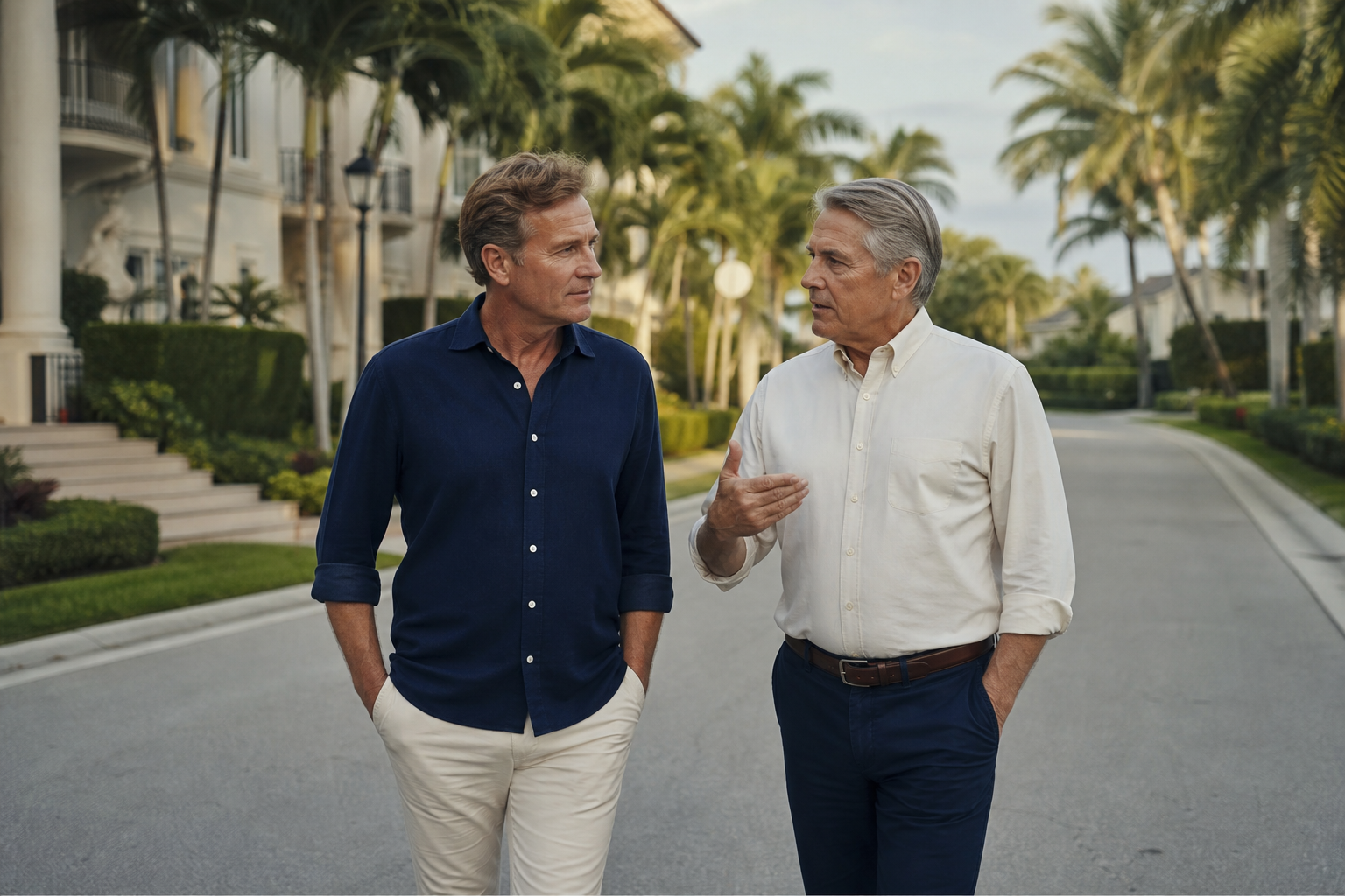 What Is the Difference Between a Sponsor and a Recovery Mentor? 1 Two men walking and talking on a palm lined street in Naples Florida in early morning light
